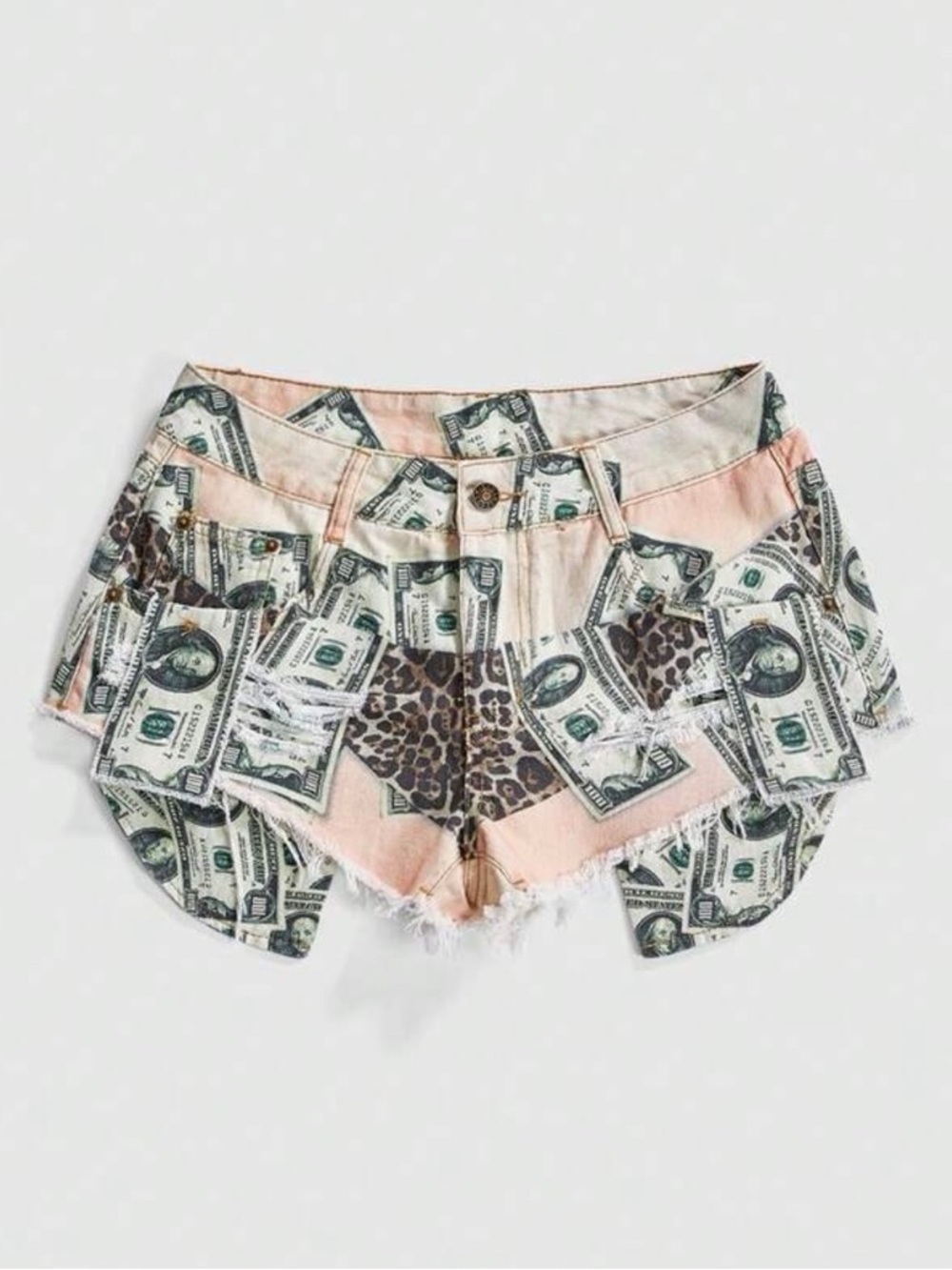 Leopard Accent Pink Money-Print Denim Shorts
